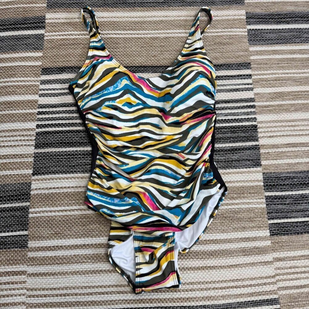 DKNY One Piece Swimsuit Removable Soft Cups 4-Way Stretch 50+UPF/SPF Multi Sz 12 - Picture 2 of 13